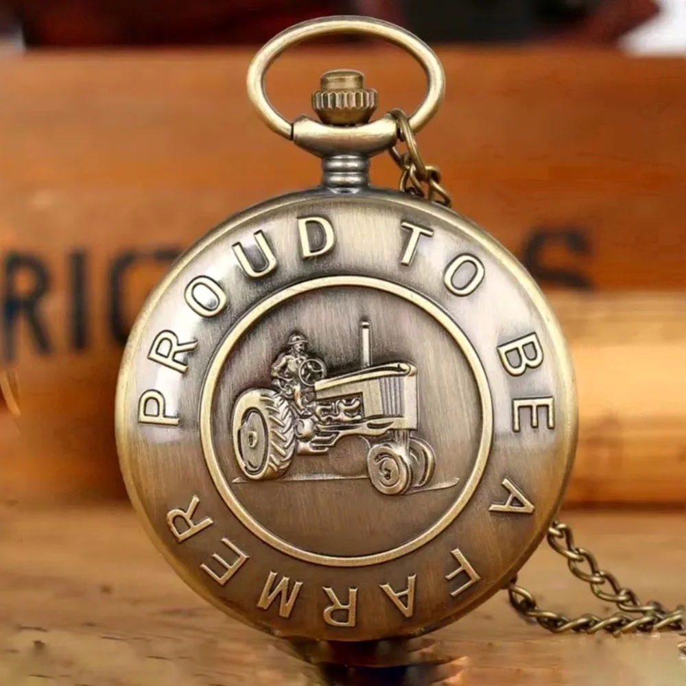Farmer Bronze Pocket Watch Chained Pendant Retro Quartz Analog Gift Pouch
